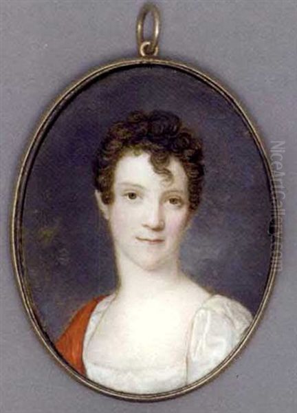 A Young Lady, In White Silk Dress With Puff-sleeves, Red Stole Draped Over Her Right Shoulder, Short Curling Brown Hair, Cloudy Sky Background - view 1