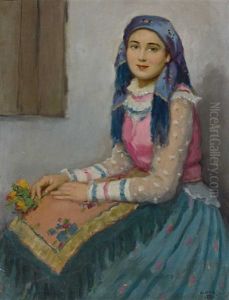 Portrait Eines Hubschen Madchens In Tracht by Janos Laszlo Aldor