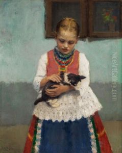 Junges Madchen In Ungarischer Bauerntracht Mit Einem Katzchen Im Arm by Janos Laszlo Aldor