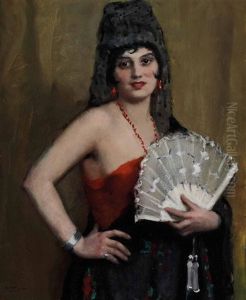 Spanische Dame Mit Weisen Facher by Janos Laszlo Aldor