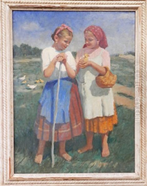 Two Girls With Ducklings In A Landscape - view 1