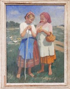 Two Girls With Ducklings In A Landscape by Janos Laszlo Aldor