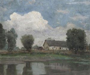Hungarian Landscape With Farmhouse Near The Water by Janos Laszlo Aldor