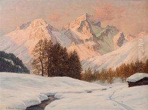 Mountain Snow Scene With Cabin by George Ames Aldrich