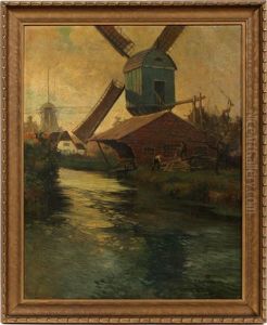 Landscape With Windmill Near Stream With Sawmill