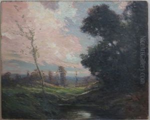 Landscape With Birch Tree, Pink Clouds