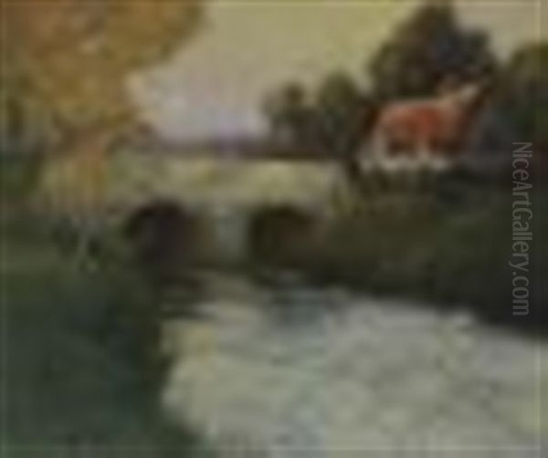 River At Dusk With A Cottage And Stone Bridge In The Middle-ground And The Moon Rising In The Background, Northern France - view 1