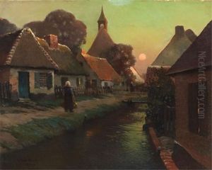 Woman Carrying Water Beside A Canal At Sunset by George Ames Aldrich