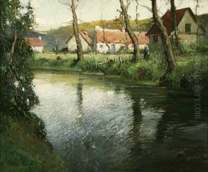 Cottages In Normandy River Landscape by George Ames Aldrich