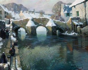 Figures In Normandy (quimperie) Winter River Landscape by George Ames Aldrich