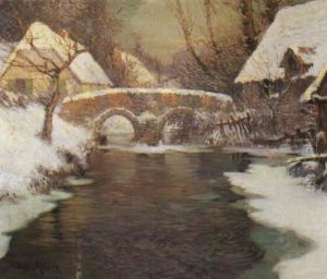 Winter Scene With Bridge And Houses
