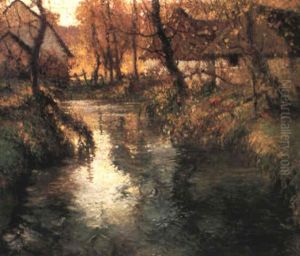 Autumn Landscape With Thatched Cottages Hugging A Bend In A Stream by George Ames Aldrich