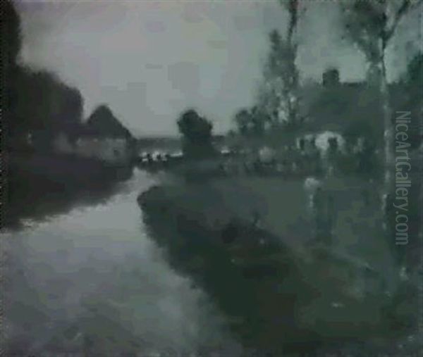 River Scene With Boatman And Cottages - view 1