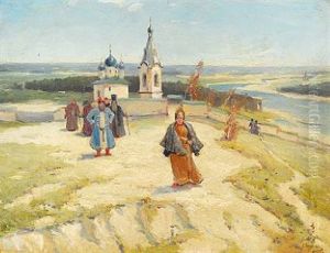 Russian Landscape With A Woman And Several Men Outside A Monastery by Konstantin Aleksandrovitch Veschilov