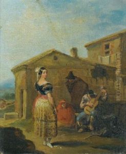 A Woman At A Balcony; A Woman Standing Before A Musical Group (pair)