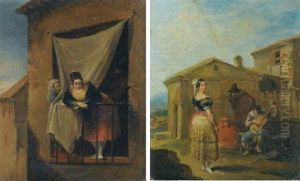 A Woman At A Balcony (+ A Woman Standing Before A Musical Group; Pair) by Leonardo Alenza Y Nieto