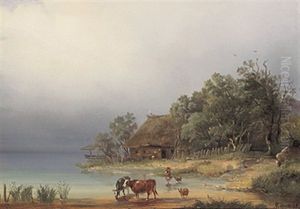 Idyllische Seelandschaft Mit Kuhen An Der Tranke Und Reetgedecktem Bauernhaus Mit Nistenden Storchen