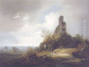 Burg Mit Weiter Landschaft, Im Vordergrund Ein Jager by Rudolf Alers