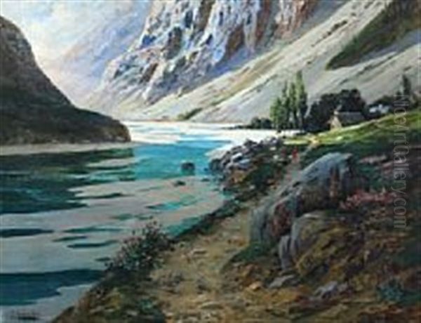 Woman On Path By The River And Snowy Mountains - view 1