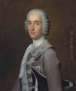 Portrait Of A Gentleman, Half-length, In A Grey Coat With An Embroidered Trim And Blue Waistcoat, A Tricorn Under His Arm by Cosmo Alexander