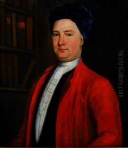 Portrait Of A Doctor, Standing In A Library Interior, Wearing A Blue Velvet Hat And Red Coat, Over A Tied White Stock