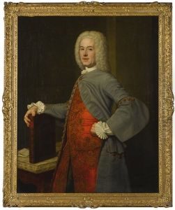 Portrait Of John Belsches Of Invermay, Three-quarter-length, Standing In An Interior, Wearing A Grey Coat Over A Richly Embroidered Red Waistcoat, Resting His Right Hand On A Book by John Alexander