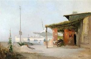 Taverne Ved Middelhavet. Til Venstre Blomstrende Stokroser Taverne Ved Middelhavet. Til Venstre Blomstrende Stokroser