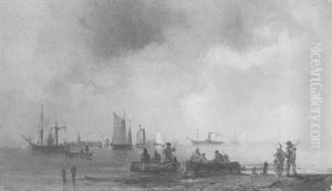 Kustenszene Mit Ruderbooten, Segelbooten Und Dampfer Kustenszene Mit Ruderbooten, Segelbooten Und Dampfer