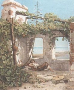 A Mediterranean Courtyard With A Woman Resting In The Shade by Jean D'Alheim