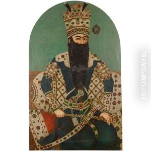 A Portrait Of Fath'ali Shah Qajar, Seated Against A Jewelled Bolster On A Pearl Edged Rug