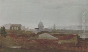 A View Overlooking A City, Roman Ruins And A Cupola Visible On The Horizon