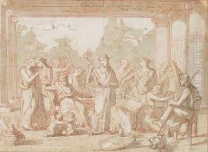Achill Among The Daughters Of Lykomedes With The Sword Of Odysseus. Red And Black Chalk On Paper, Washed And Heightened White, Mounted Of Another Sheet Of Paper, Inscribed