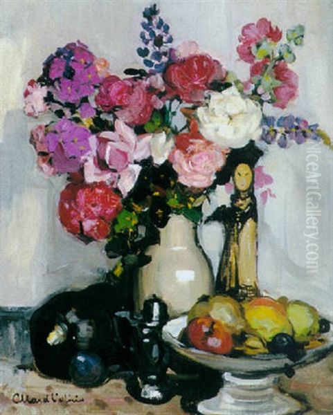 A Still Life With Pink Flowers And A Chinese Statue - view 1