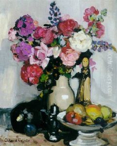 A Still Life With Pink Flowers And A Chinese Statue by Fernand Allard L'Olivier
