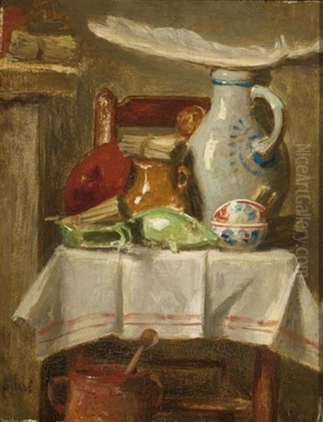 A Still Life With Stoneware Jugs And A Feather On A Kitchen Chair - view 1