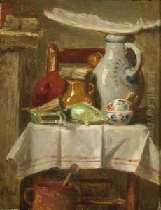 A Still Life With Stoneware Jugs And A Feather On A Kitchen Chair by August Allebe