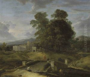 An Italianate River Landscape With A Fisherman, A Shepherd And Travelers On A Path, A Walled Town Beyond