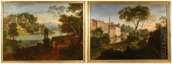 Paysage Arcadien Anime De Personnages Vetus A L'antique, L'hercule Farnese Au Milieu Sur Un Piedestal En Pierre, Une Villa Romaine Sur Les Hauteurs Et En Contre Bas Le Meandre D'un Fleuve Et Paysage Classique Anime D'une Vaste Architecture D'ou Emergent T - view 1