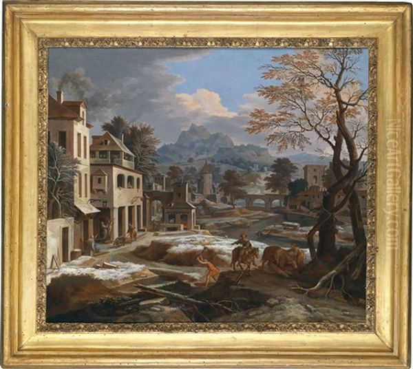 Winterlandschaft Mit Einer Stadt An Einem Flus - view 1