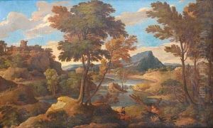 A Wooded River Landscape With Figures Resting Beside A Path (+ A River Landscape With Classical Figures Before A Waterfall; Pair)