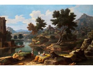 Italienische Landschaft Mit Wascherinnen, Fischern Und Burg