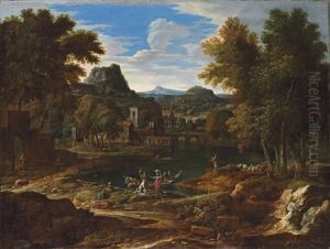 An Extensive Classical Landscape With Figures Unloading A Boat by Etienne Allegrain