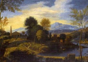 Pecheurs Sur Un Lac Et Femmes Puisant De L'eau Dans Un Paysage Antique