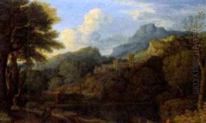Gebirgige Flusslandschaft Mit Einem Schloss