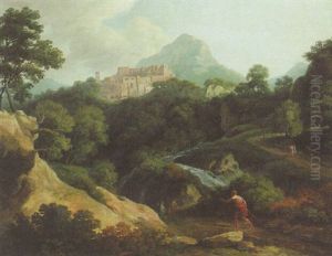 A Classical Italianate Landscape With Figures On A Track, A Hilltop Town Beyond