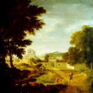 A Classical Italianate Landscape With Water Carriers On A Track Before A Walled Town by Etienne Allegrain