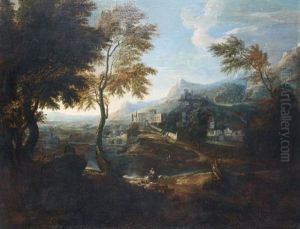 Paysage De Campagne Traverse Par Un Fleuve Avec Des Architectures De Villes Antiques by Gabriel Allegrain