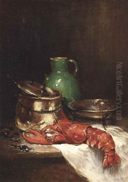 Lobster With Mussels, A Green Jug And Cooking Utensils On A Ledge - view 1