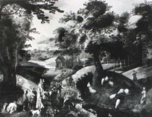 A Hunting Party Meeting On A Wooded Road by Francesco Allegrini
