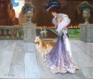 Elegante Et Son Chien Sur La Terrasse Devant Le Parc by Louis Abel-Truchet